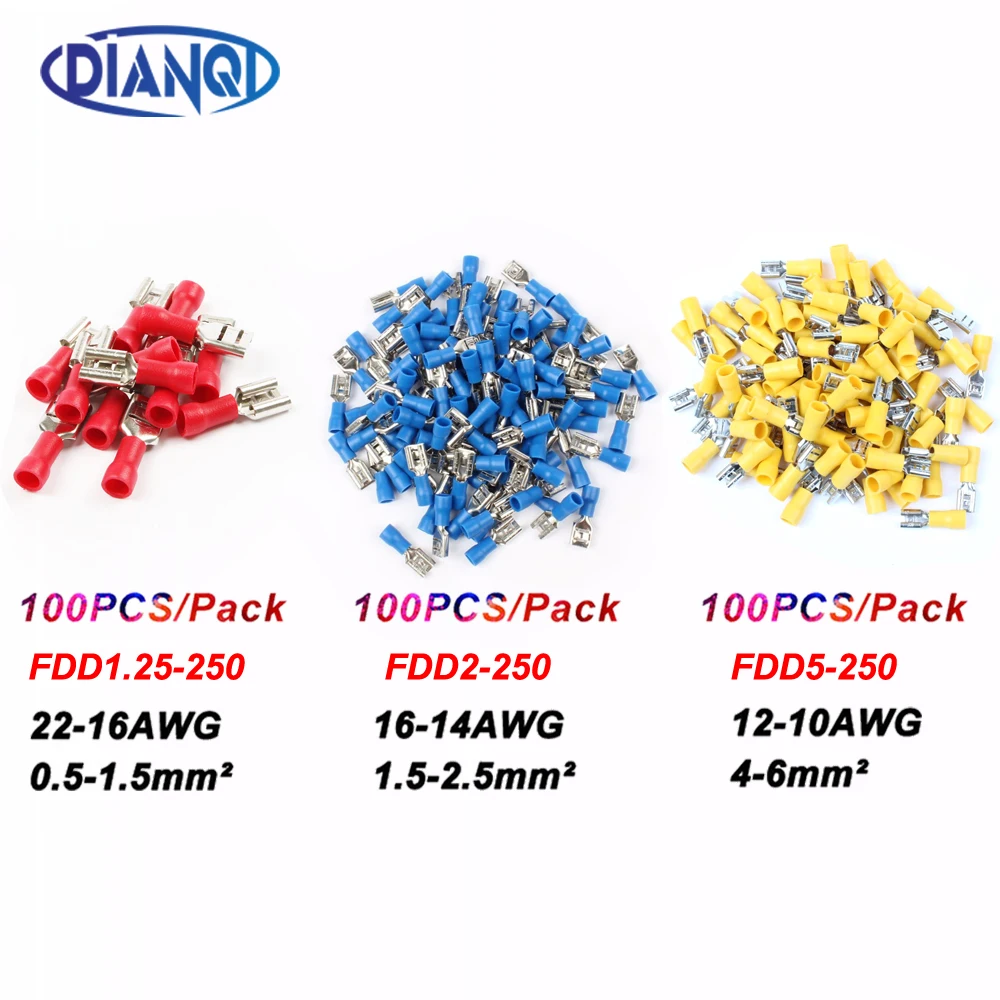FDD2-250 Female Insulated Electrical Crimp Terminal for 1.5-2.5mm2 Connectors Cable Wire Connector 100PCS/Pack FDD2.5-250 FDD