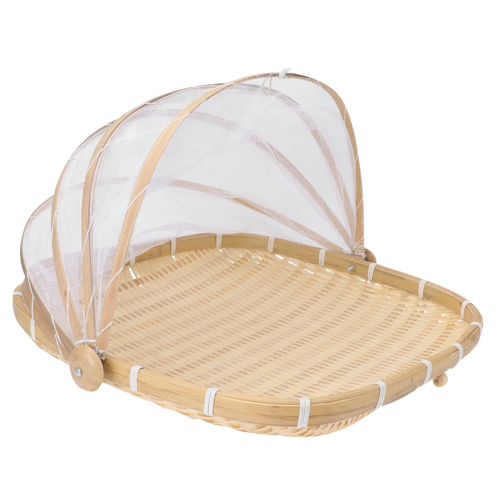 

1pc Bamboo Fruit Basket Hand Woven Large Capacity Food Storage Basket Gauze Cover Dustproof Insect Proof