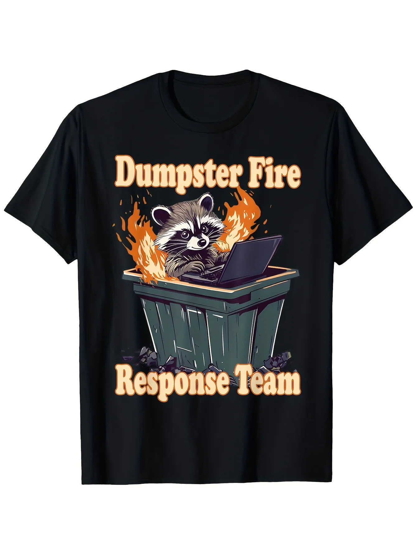 Dumpster Fire Raccoon Graphic T-Shirt - Humorous Unisex Casual Tee, 100%, Loose Fit Short Sleeve, Black with Orange Print, S-XXXL, Raccoon Shirt, Casual Short Sleeve Tee Soft, Comfortable & Machine Washable-Ideal for Casual Attire & Unique Gift