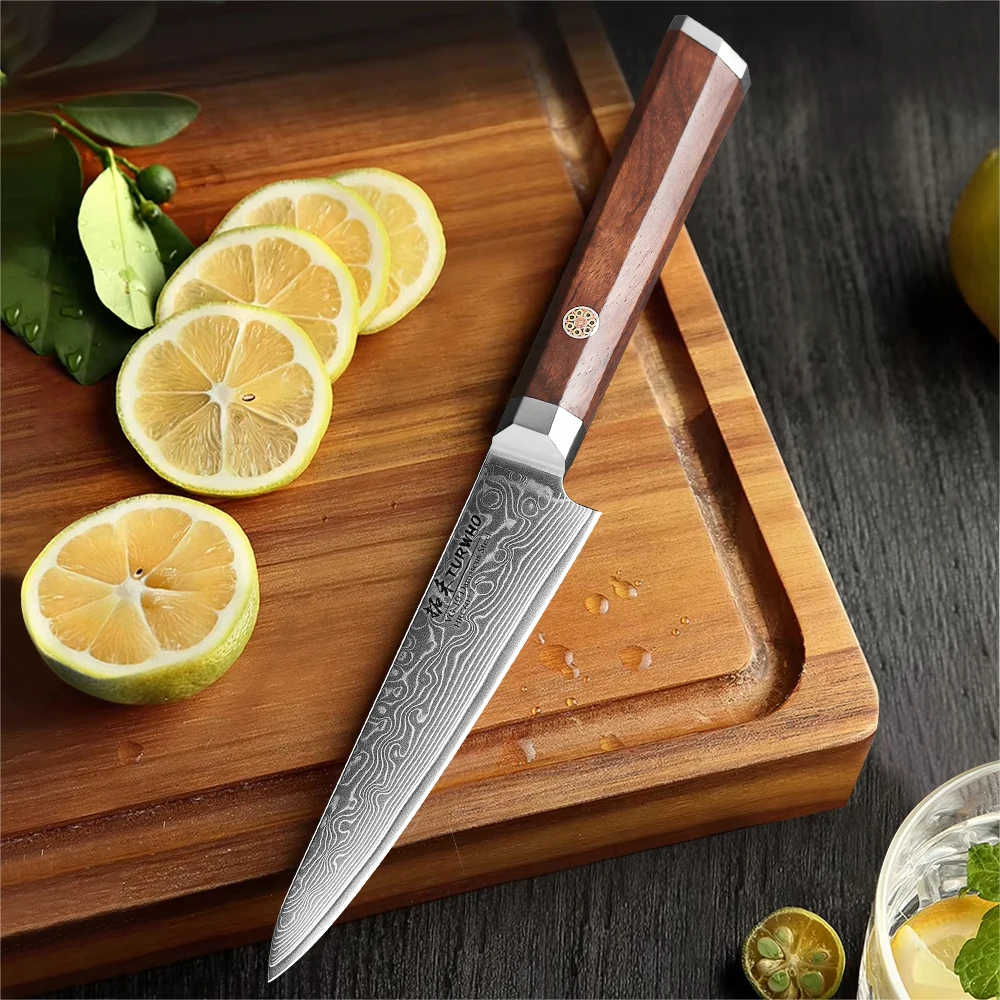 Turwho-High quality Damascus steel utility knife, Rosewood handle,for kitchen, Cleaver, slicing, paring, chef, cooking tools,5”