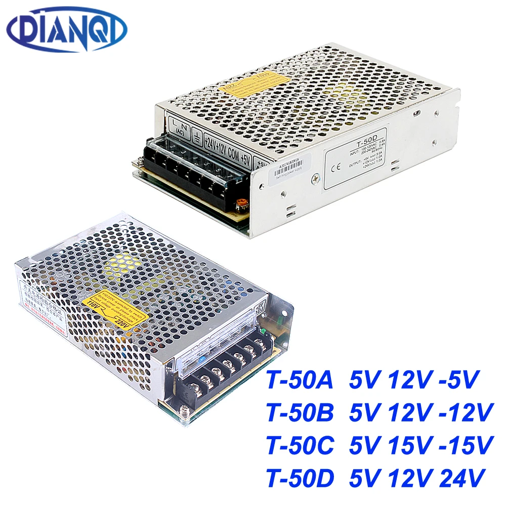 Triple output power supply 50w 5V 7A, 12V 1A, -5V 1A power suply T-50A ac dc converter good quality T-50B T-50C T-50D