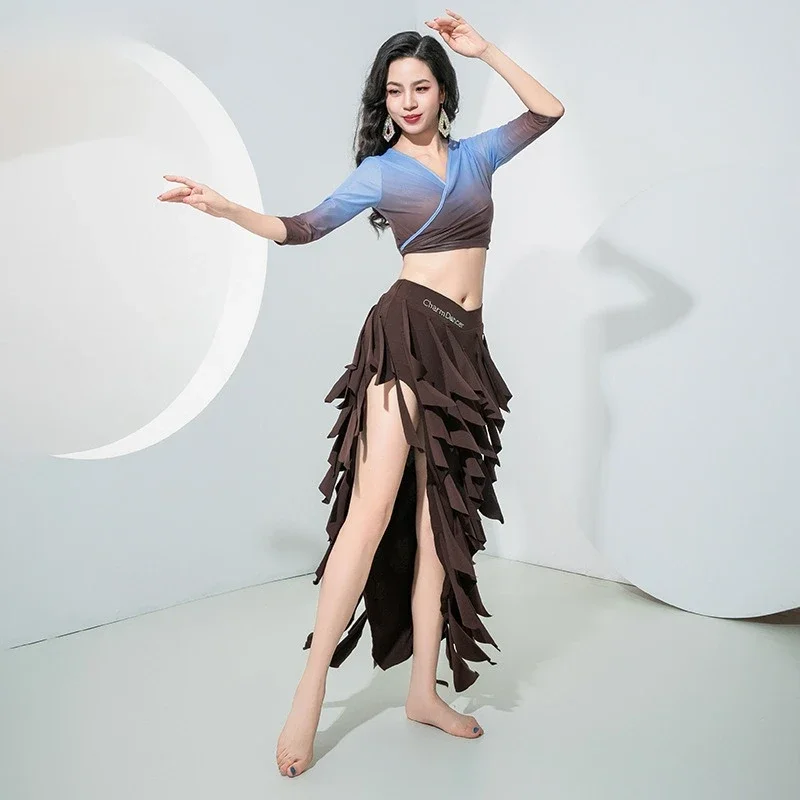 Customized Belly Dance Costumes 2025 New Practice Dress Gradient Strap Top Triangle Hanging Piece Tassel Skirt Set