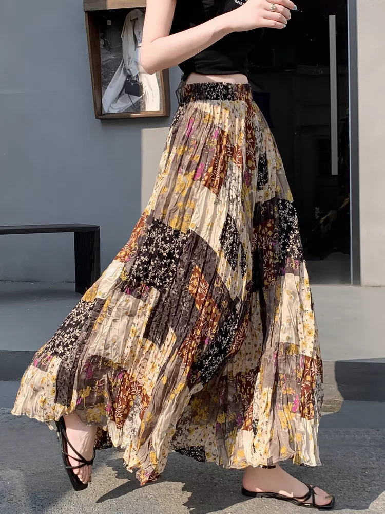 Women's Bohemian Summer Chiffon Maxi Skirt - High Waist A-Line Pleated Patchwork Flowy Full Swing Skirt, Versatile Casual Style