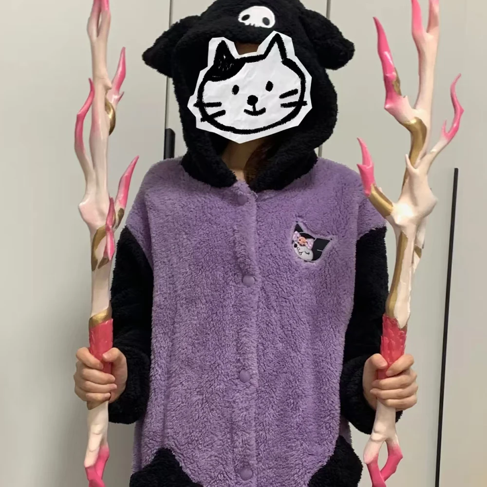 

Y2K зимняя плюшевая пижама с рисунком Куроми Sanrio Kawaii, женская ночная рубашка с капюшоном в стиле аниме, длинная милая утепленная студенческая домашняя одежда для девочек