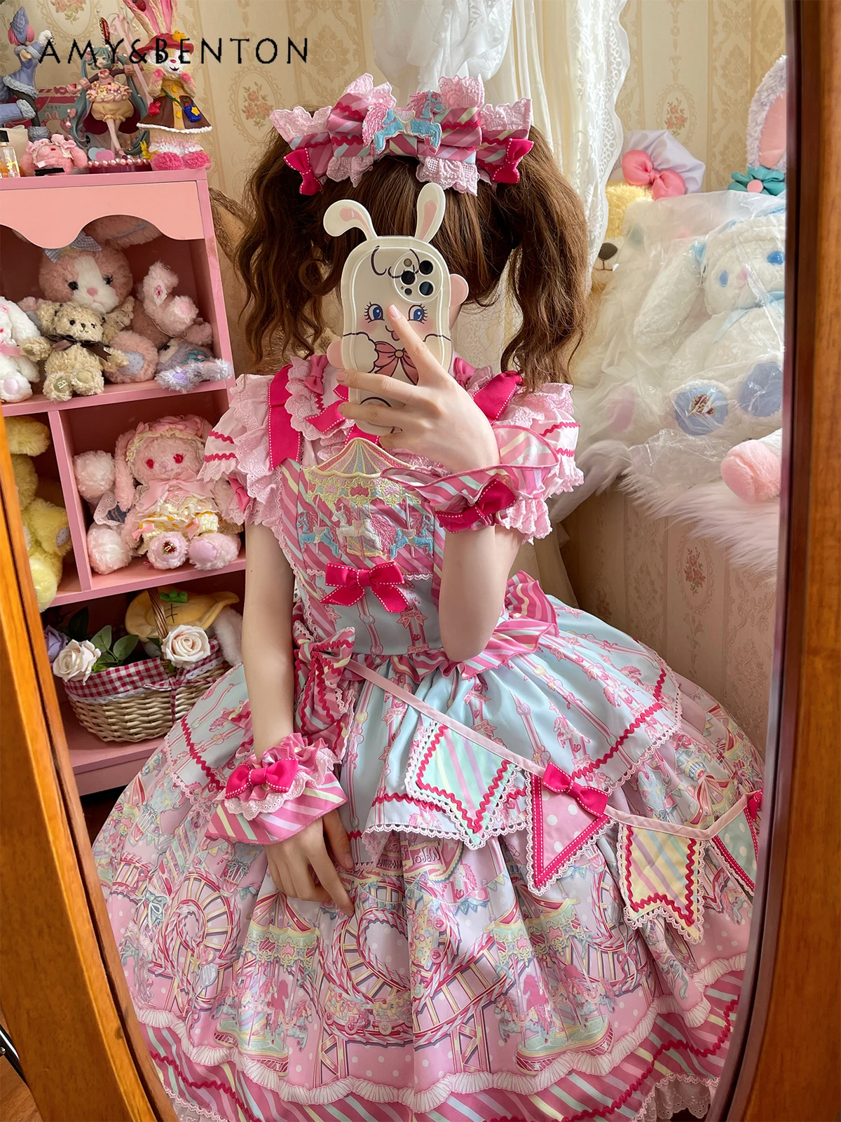 Doces parque de diversões jsk doce lolita vestidos bonito kawaii arco dos desenhos animados impresso retalhos vestido de baile fino mini vestido de verão