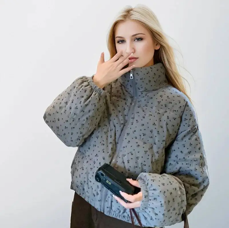 Floral Print Female's Winter Parka Jacket Color Blocked Stand Collar Elastic Hem Zipper Women's Korean-Style Coat For Lady