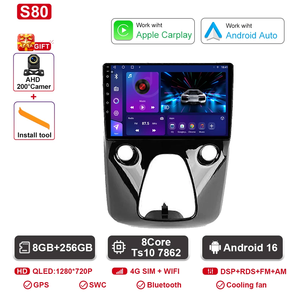 Autoradio Android navigatie GPS Android Auto stereo Carplay scherm No2 DIN DOM voor Toyota Aygo Peugeot 108 Citroen C1 2016-2020