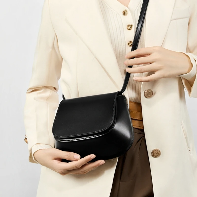 BURMINSA Genuine Leather Saddle Bag Women Small Crossbody Handbags Cowhide Minimalist Retro Daily Work Commute Shoulder Purses