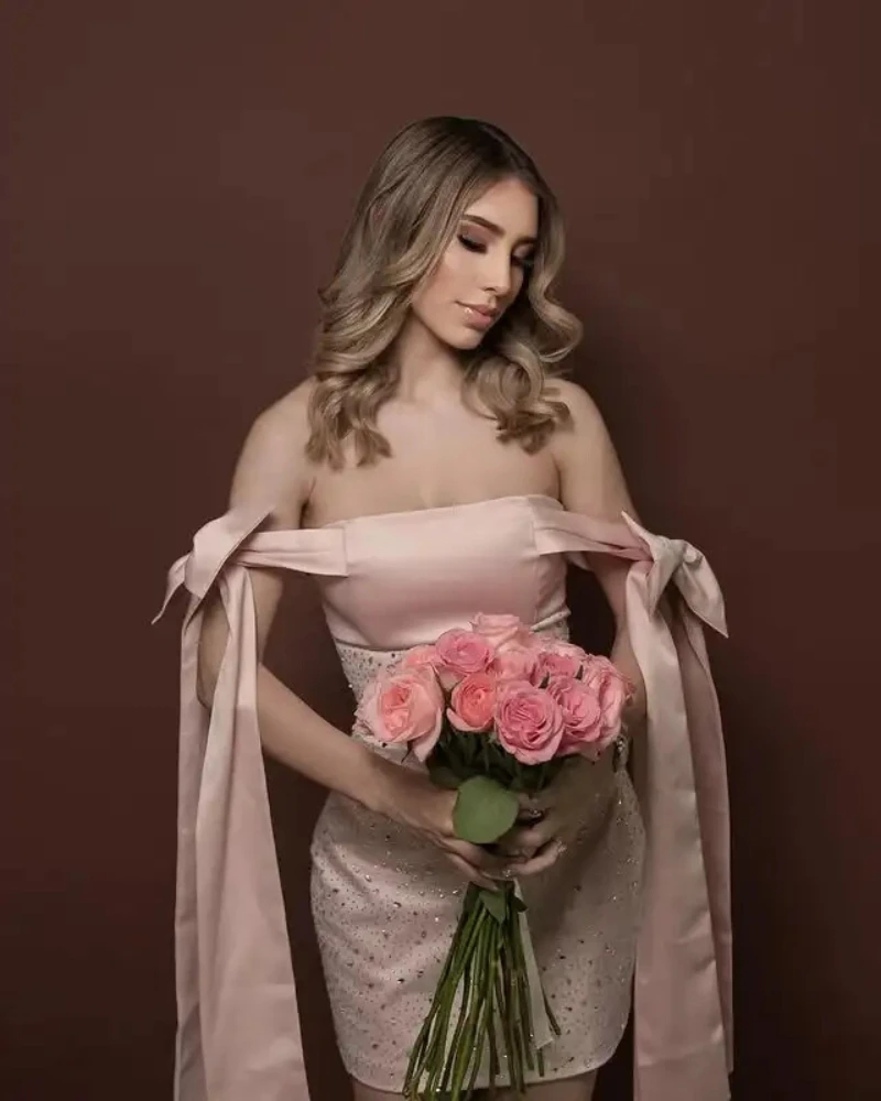 

Sparkly Mini Homecoming Dresses Strapless Bodycon Prom Dresses Short Wedding Guset Gowns with Bow