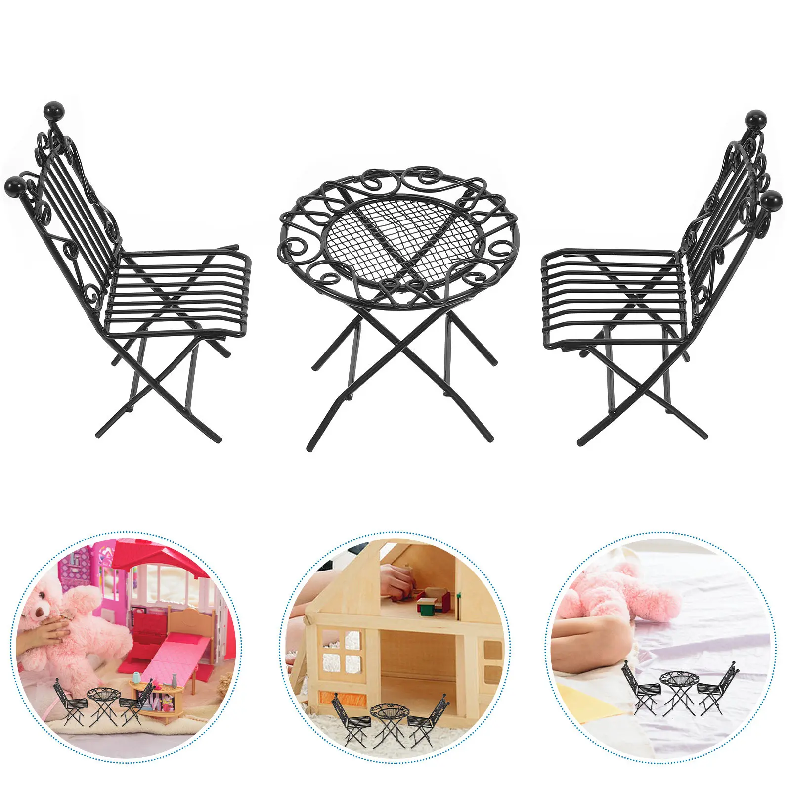 1Set 1:12 Scale Miniature Iron Table and Chairs Set Dollhouse Living Room Furniture Home Decor Mini Display Study Bedroom