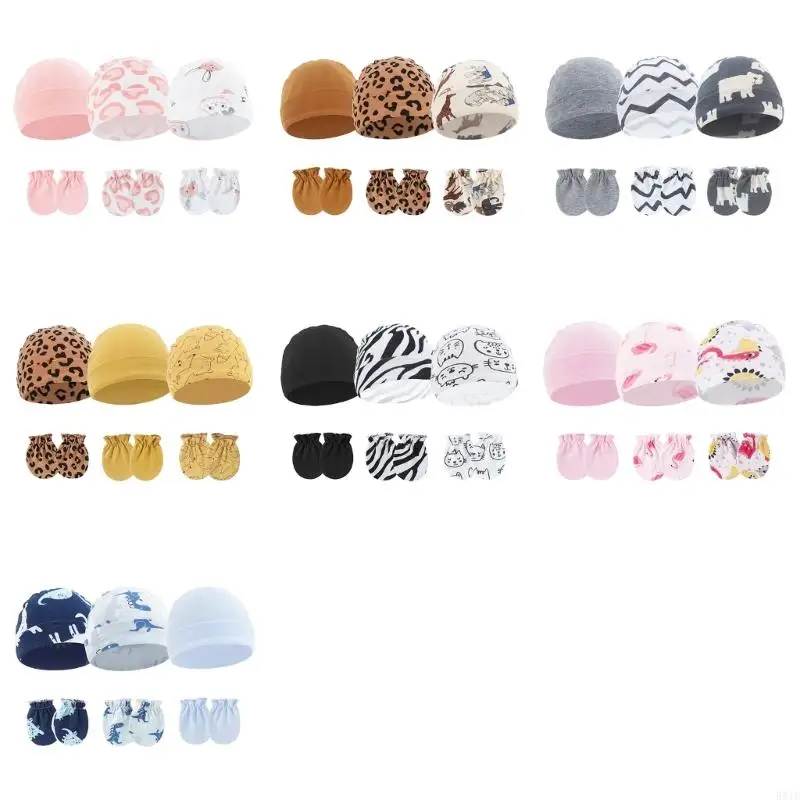 

581F 3 Set Baby Hat with Anti-scratch Gloves Cartoon Bonnet Caps & Soft Breathable Mittens Cosy Headgear for Newborns