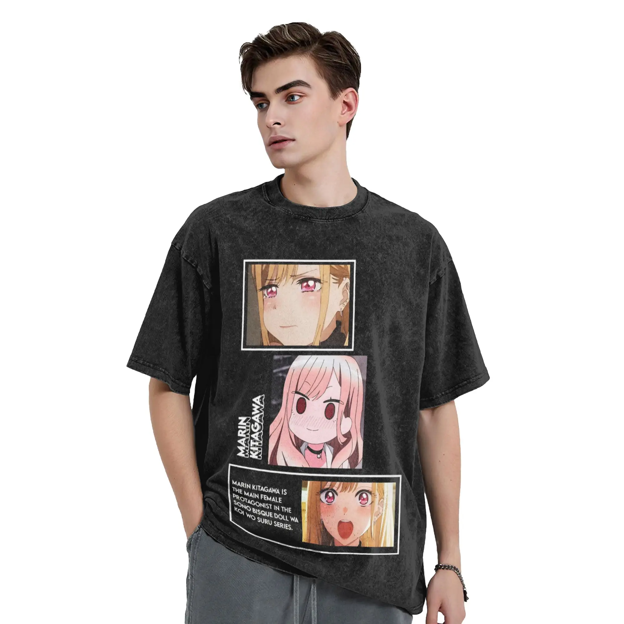 Camiseta Anime Marin Kitagawa Hip Hop em Algodão Lavado My Dress Up Darling Vintage para Homens e Mulheres Moda Streetwear Verão