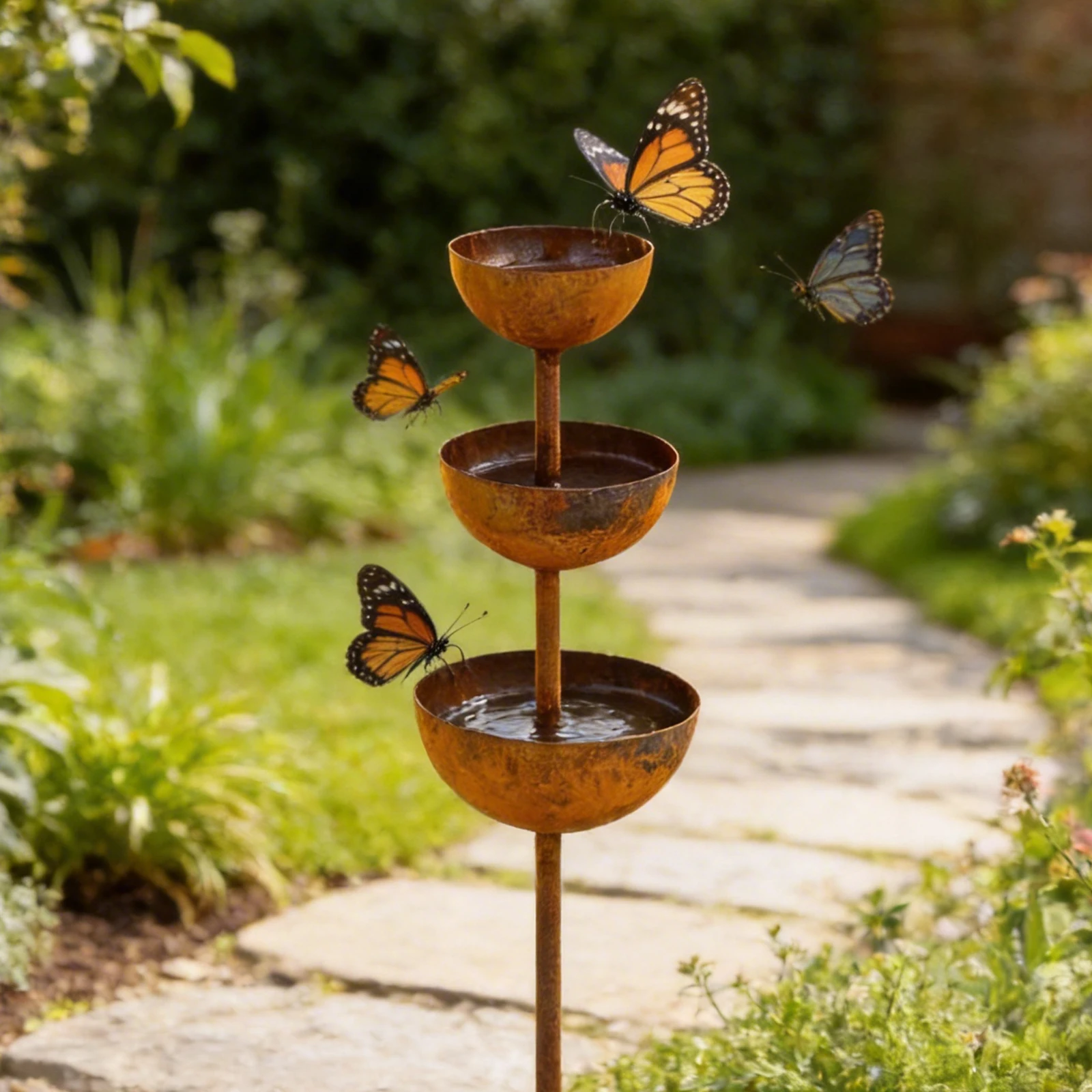 Rain Catcher Garden Stake with 3-Tiered Water Bowls Outdoor Bird Bath Metal Garden Stakes Bird Bath for Outdoor Yard Art Decor