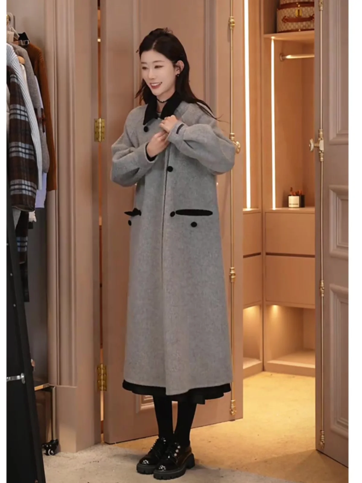 

Donna Women's Faion Color Blo Design ey Woolen Coat Autumn Winter Warm Sli Outerwear Long Sve Midi Length