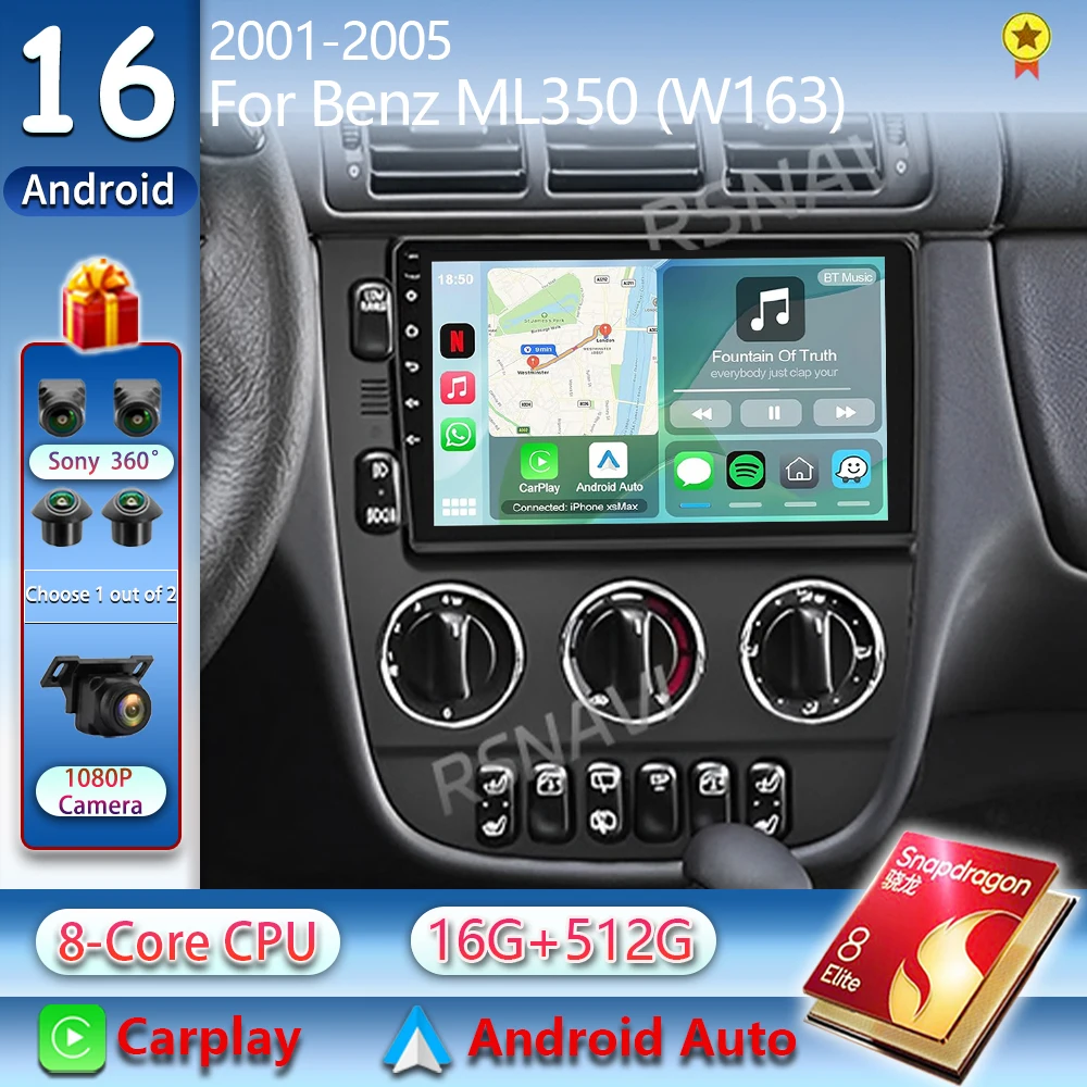 Android 16 For Benz M-Class W163 ML320 2003 - 2005 2K QLED Android Car Radio Multimedia Video Player GPS Stereo CarPlay