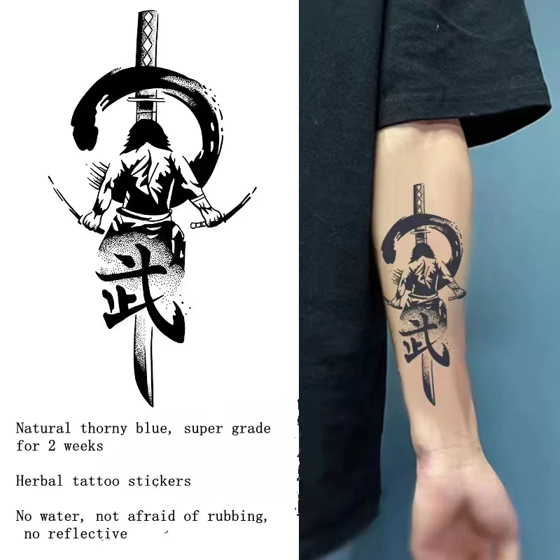 Katana Sword Herbal Juice Tattoo Stickers Men Waterproof Lasting Semi-permanent Tattoo Big Picture Flower Arm Art Fake Tattoos