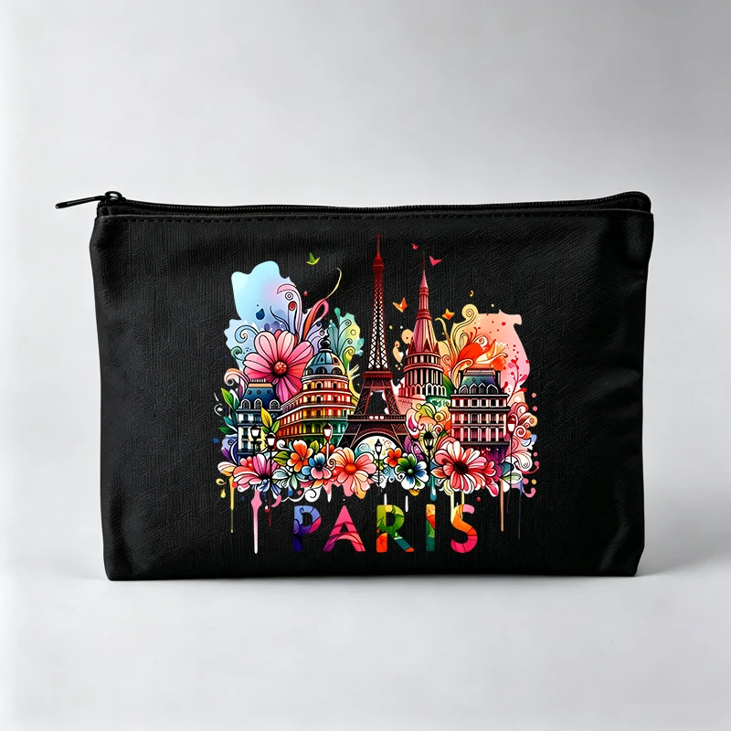 Women's Paris Landmark and Floral Print Makeup Bag, Artistic Cosmetic Pouch for Daily Use