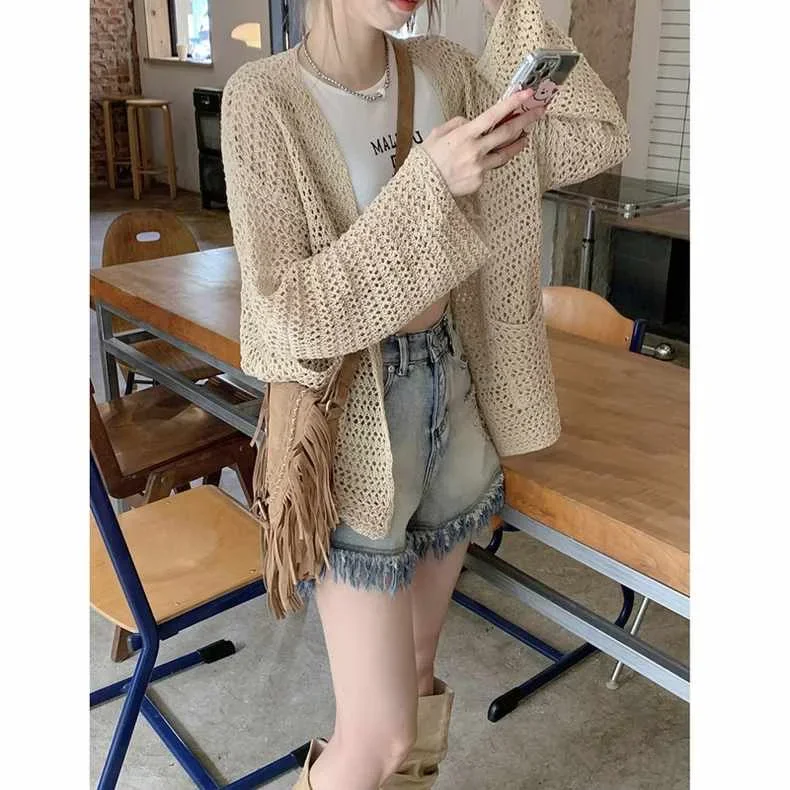

Women Clothing Knit Thin Cardigan Pull Femme Long Sleeve Loose Casual Sueter 2023 Ropa Mujer Hollow Out Fashion Sweater Tops