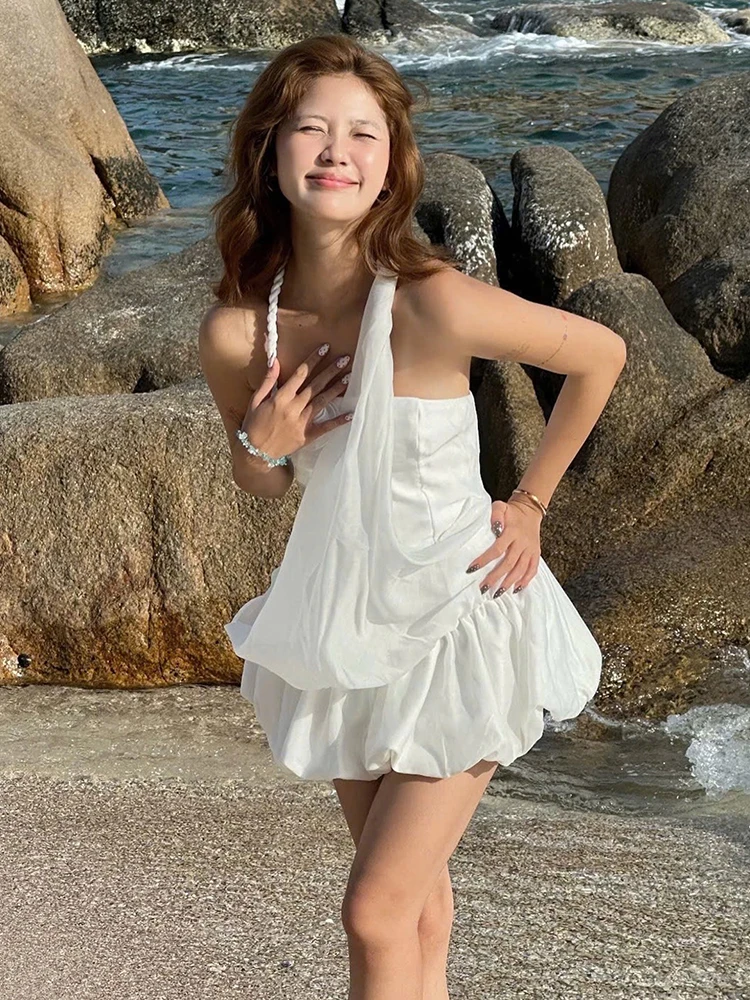 Nibber Folds Dress Women Mesh 3d Three-Dimensional Flowers Twist The Rope Halter Backless Beach Party Summer Sweet Bodycon