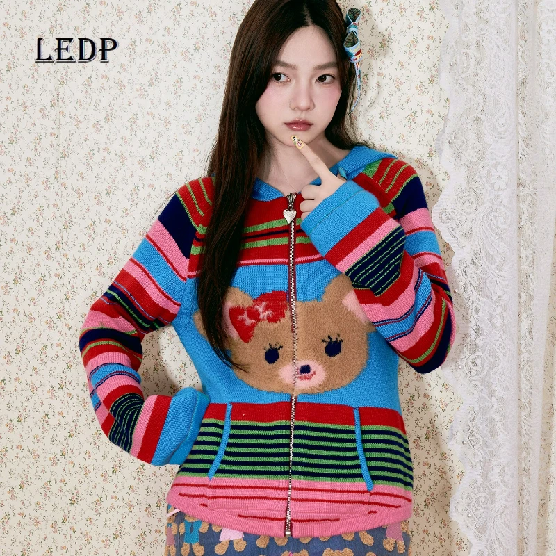 

Autumn New Colorful Striped Animal Print Women's Knitted Sweater Retro Design Cute Versatile Long Sleeve Hooded Cardigan Ladies