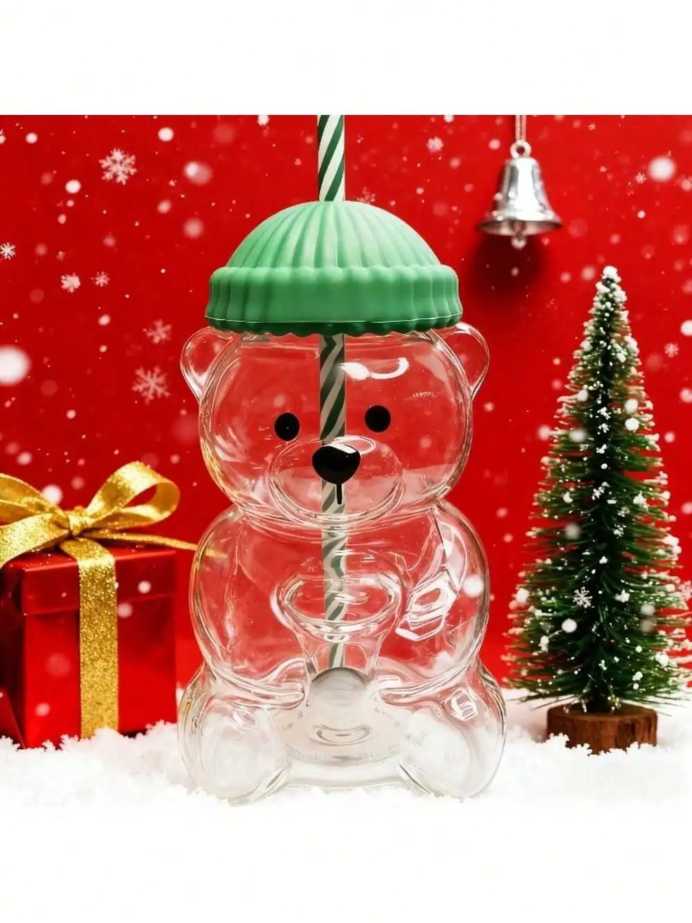 590ml/20oz Cute Bear Shaped Glass Cup with Green Hat Lid And Straw Transparent Adorable Drinking Bottle Durable Playful Drinkware for Home Office Gift for Women Girls