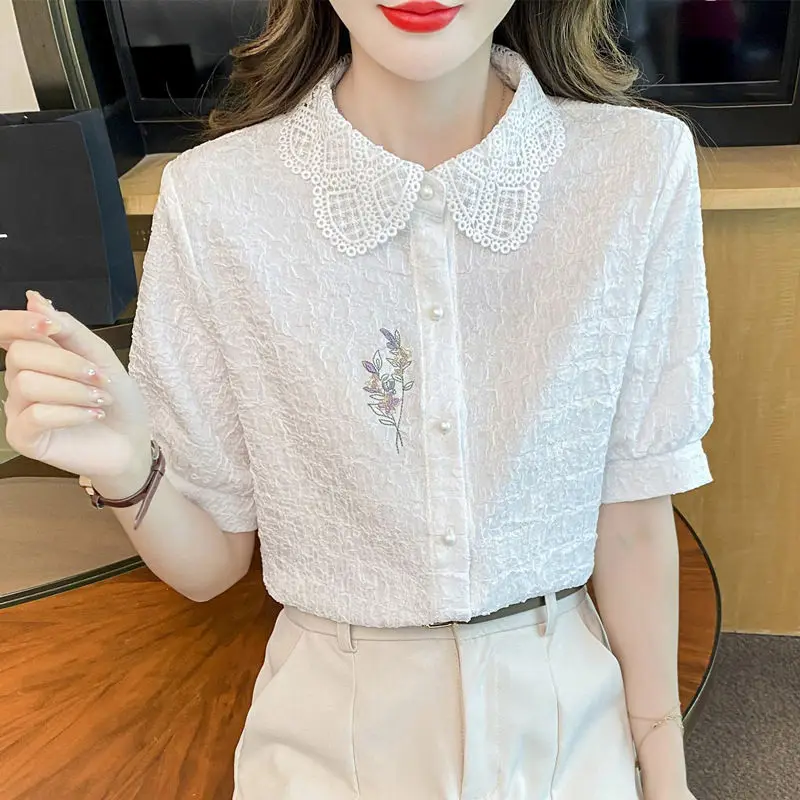 Fashion Solid Color Embroidered Blouse Womne New Classic Summer Short Sleeve Peter Pan Collar Single-breasted Lady Shirt 2023