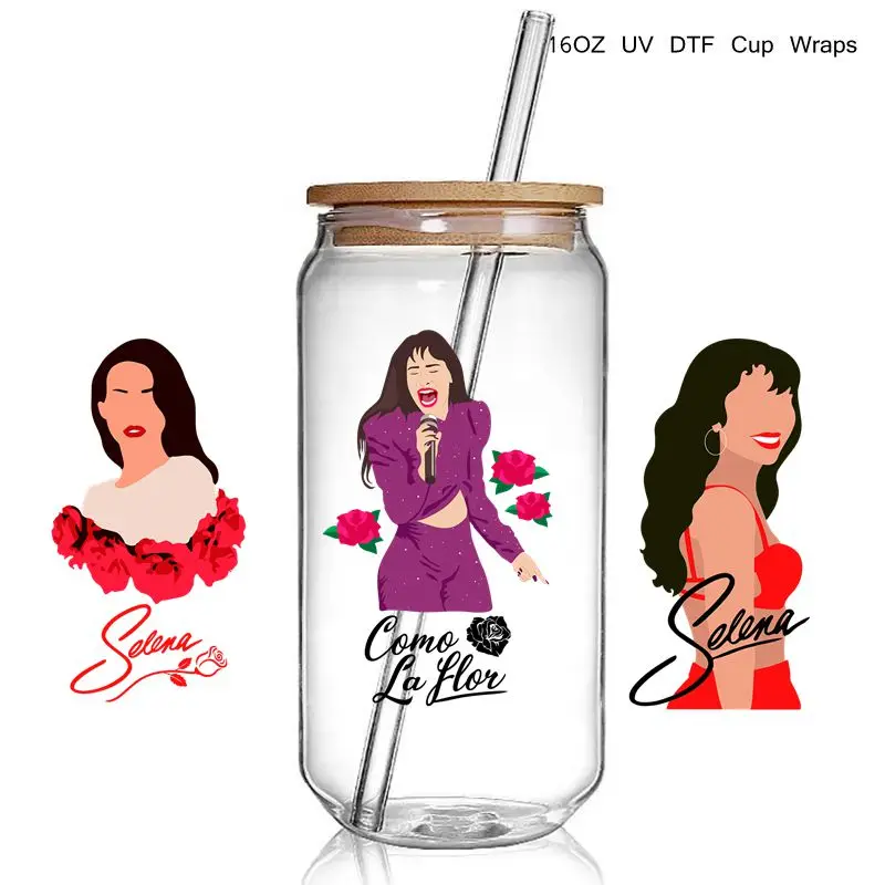 Selena Design 3D UV DTF Cup Wraps stickers Custom Selena UV Cup  Wraps for 16oz Libbey Glass Can  Cold Cups Tumbler