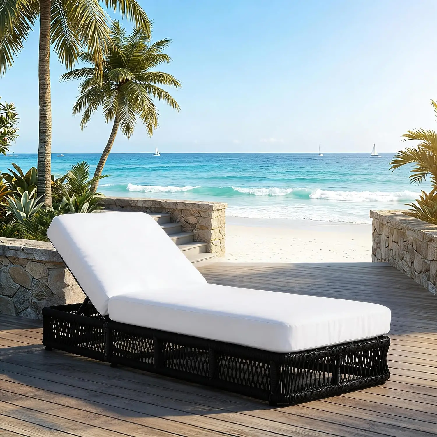 5-Position Adjustable Chaise Lounge, All-Weather Woven Rope Recliner with 5 Inch Cushion, Patio Lounge  Customized