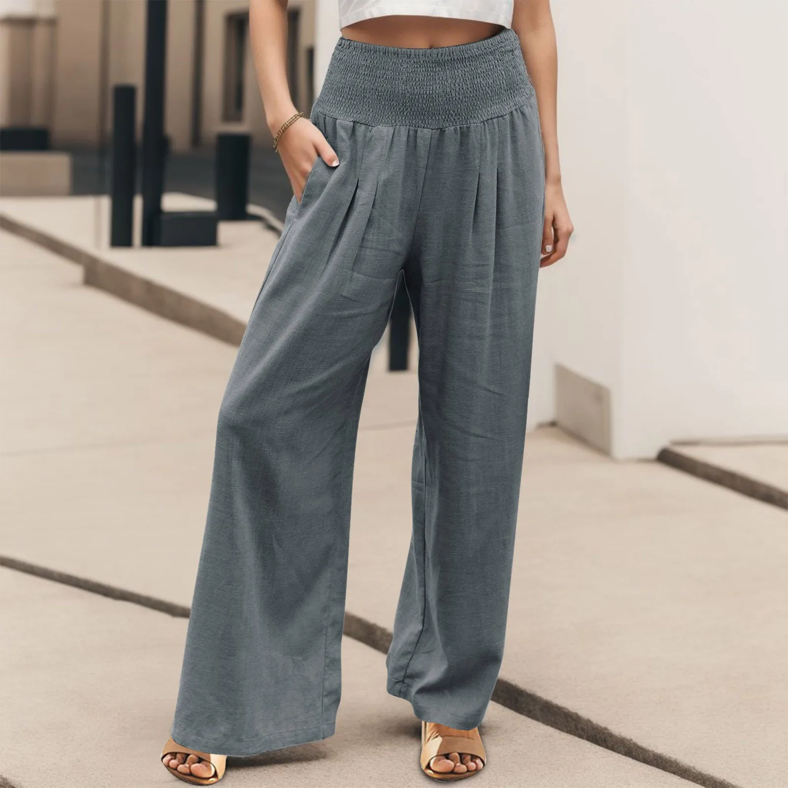 

Women'S Cotton And Hemp Pants Summer New Loose Wide Leg Pants Solid Color Simple Pockets Casual Office Straight Long Trousers