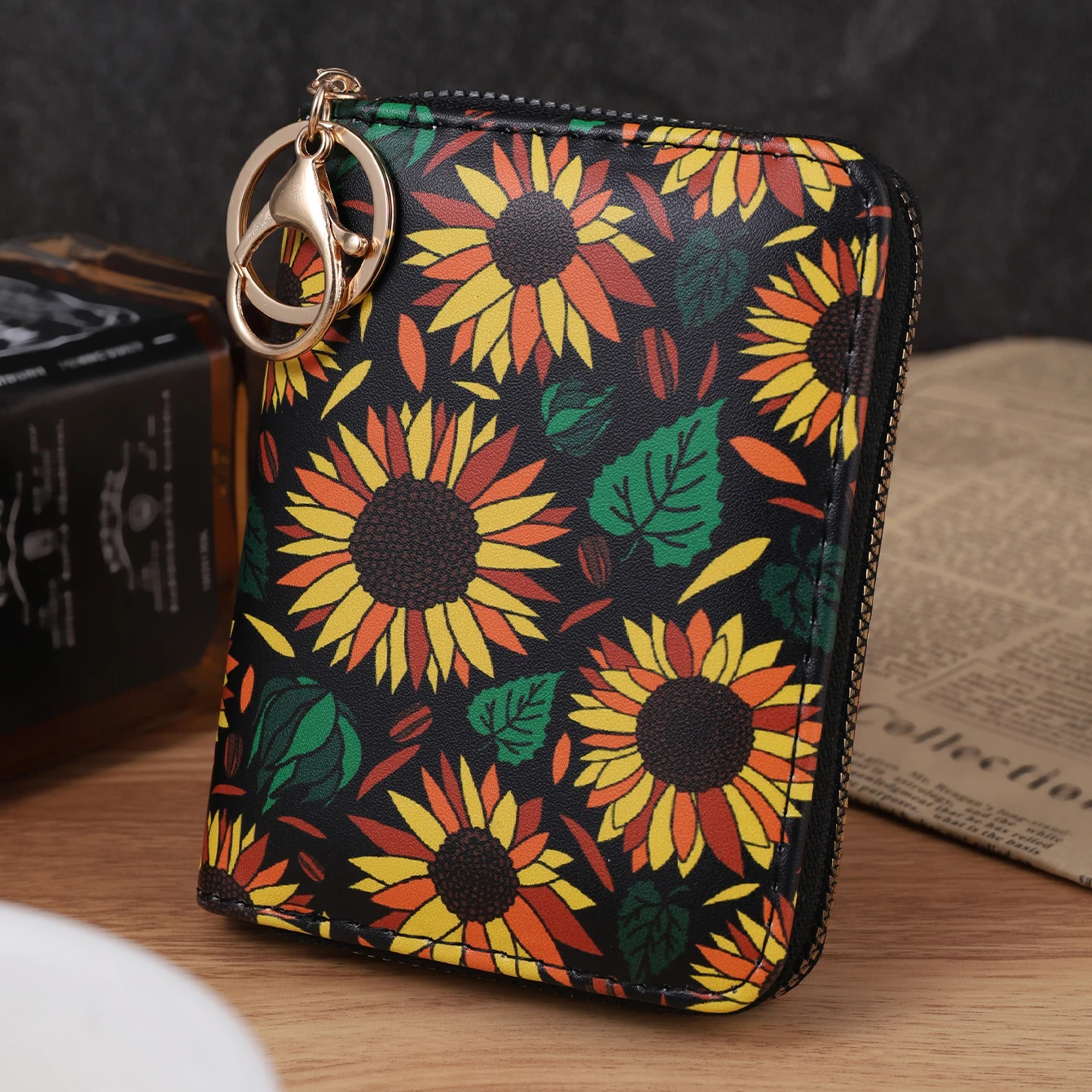 New fashion print coin purse, sunflower print short wallet, large capacity PU card holder, versatile multi-function coin purse