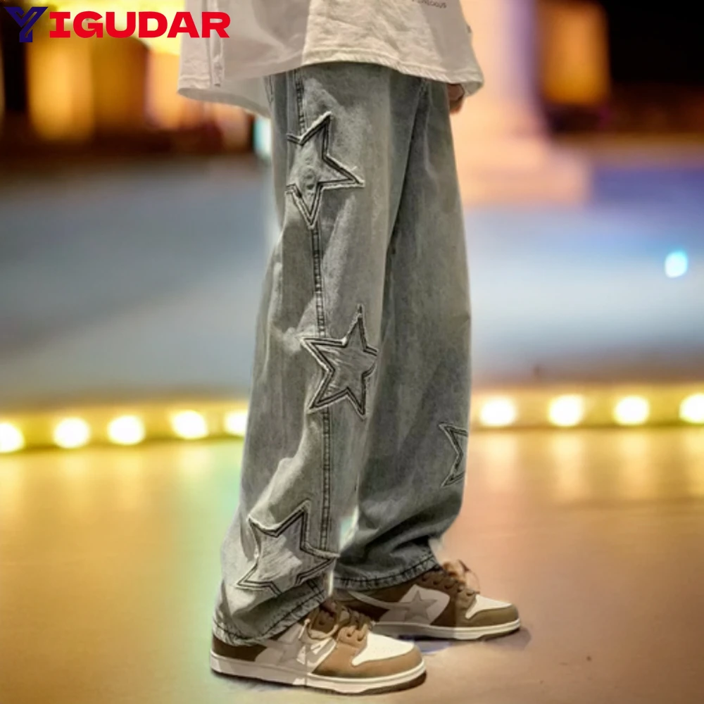 

ZN Star Embroidery Straight Casual Men Jeans Gothic Neutral New Wide Leg Loose Hip-hop Pants men Streetwear Denim Trousers