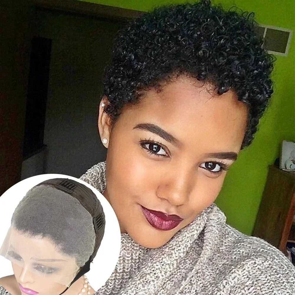 

Short Afro Kinky Curly Pixie Cut Wigs for Black Women Bob 13x4 Lace Front Wigs Jerry Curly Remy Hair Lace Frontal Wig Glueless