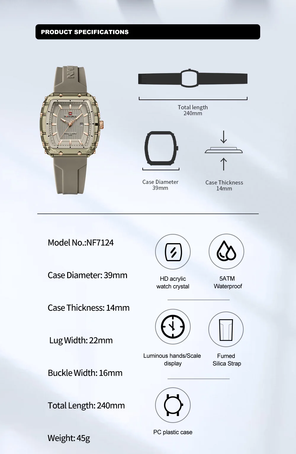 NAVIFORCE NF7124 Ladies Wristwatches Fashion Comfortable Silicone Strap Date Women's Watches