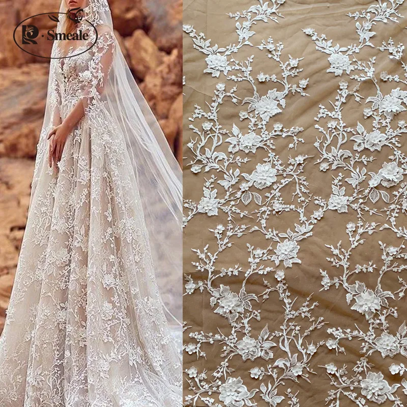 3D Stereo Laser Flower Beaded Mesh Embroidery Lace Wedding Dress Fabric DIY Dress Accessories RS2497