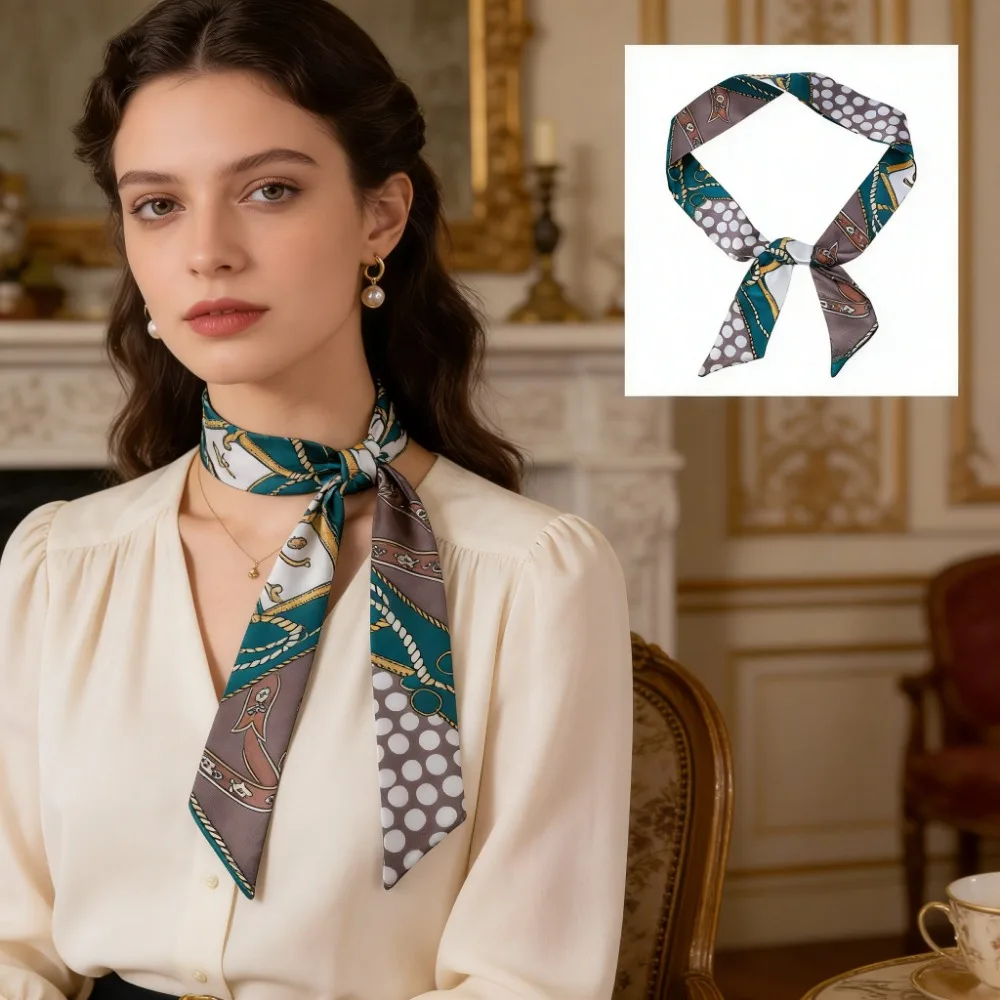 

Luxury Silk Neckerchief for Women, Skinny Fashion Bag Scarf, Headband
