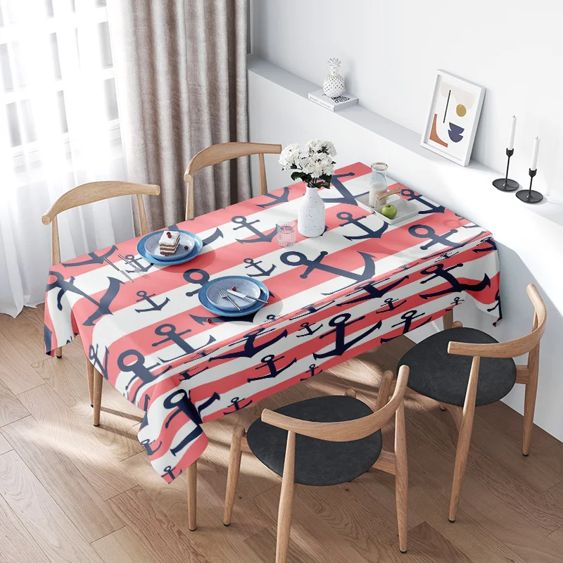 

Nautical Tablecloth Anchors Striped Red White Plastic Chair Cover Home Decoration Dining Room Rug Waterproof Decorative Bed Shee