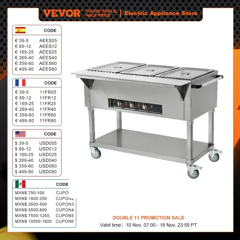 VEVOR 3-Pan Commercial Food Warmer 3 x 20.6QT Electric Steam Table 1500W Professional Buffet Catering Food Warmer with 4 Wheels