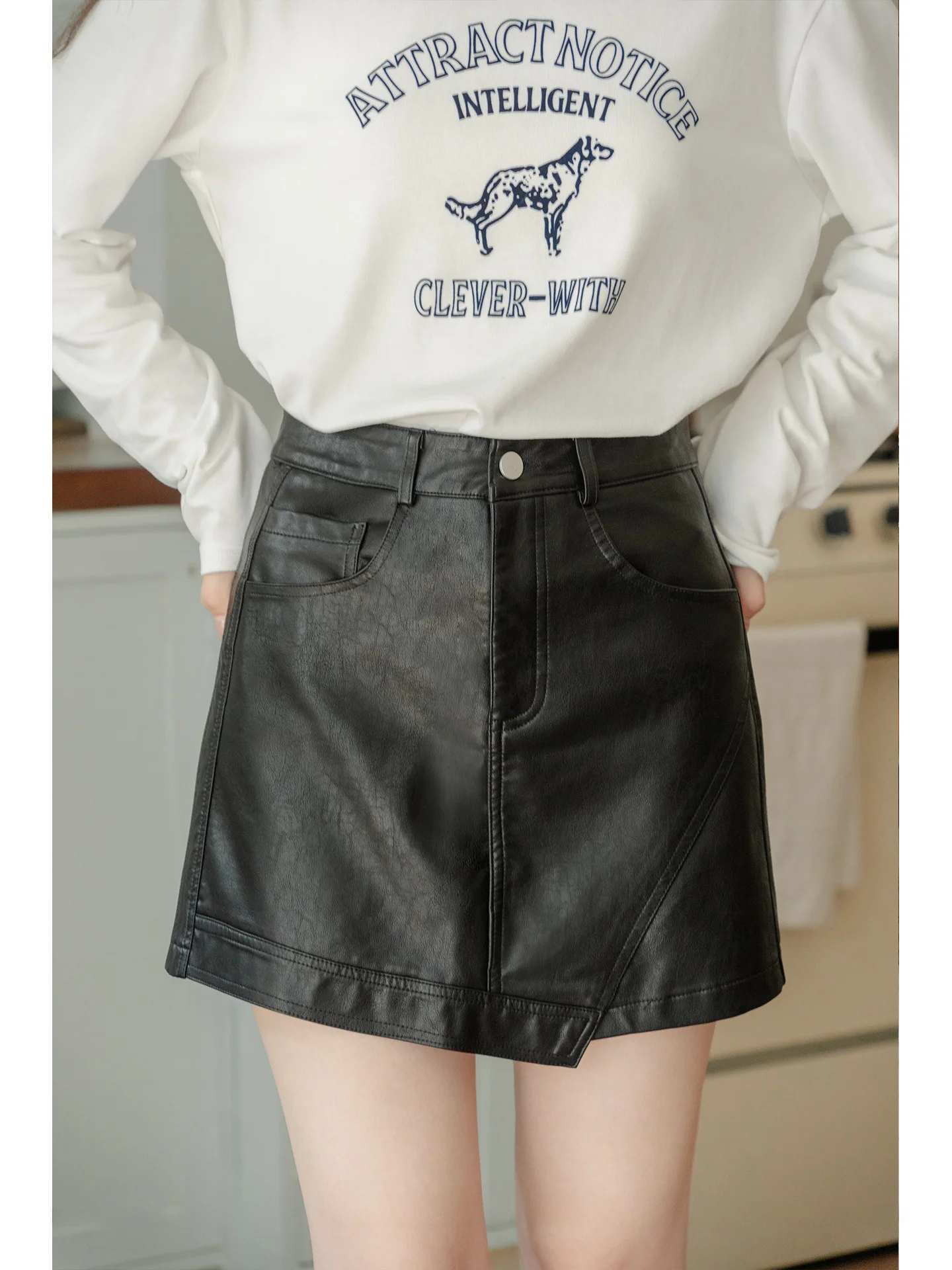 

Bla Asymmetrical Leather Skirt High Waist A-Line Skirt Women's Summer Autumn ort Skirt French Sle Polyester Fiber