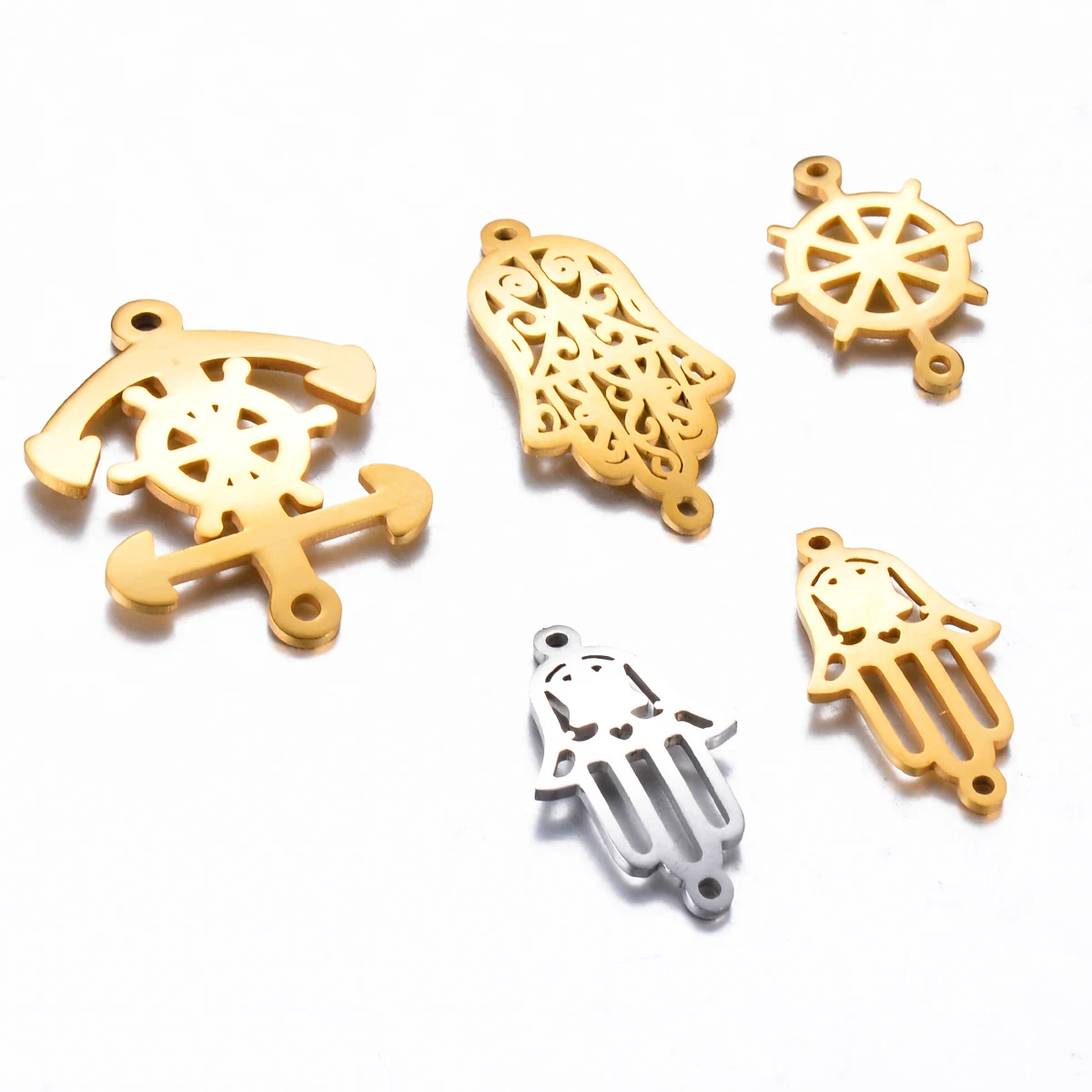 2Pcs/lot Stainless Steel Hamsa Hand&Anchor&Rudder Connector Charm DIY Jewelry Making Bracelet Handmade Gifts