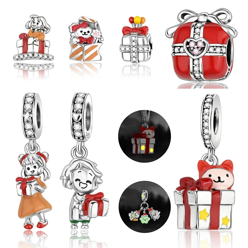 

Silver S925 Gift Box Charm Luminous Beads Fit Original Bracelet DIY Merry Christmas Fine Jewelry Pendant for Women Gift