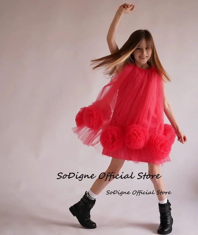 SoDigne 3D Flower A-line Tulle Flower Girl Dress O-neck Sleeveless Skirt Girls Party Dresses 2025 Kid Gown Customized image 5
