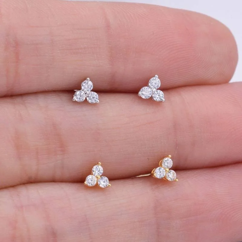 Very Tiny Three Dot Trio Stud Earrings in Sterling Silver with Sparkly CZ Crystal, Simple and Minimalist, Geometric and Discreet