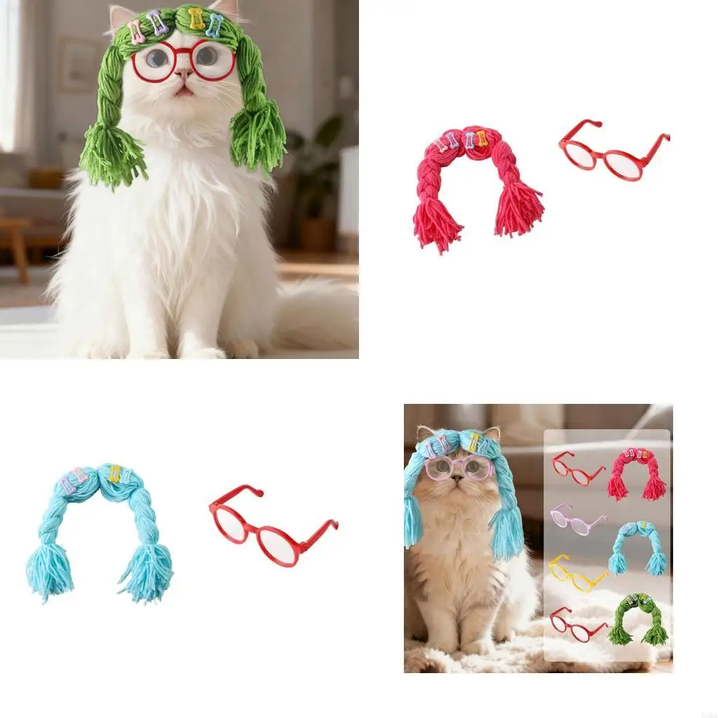   2Pcs Pet Party Wigs And Eyewears Set Colorful Design Cats Dogs Costumes