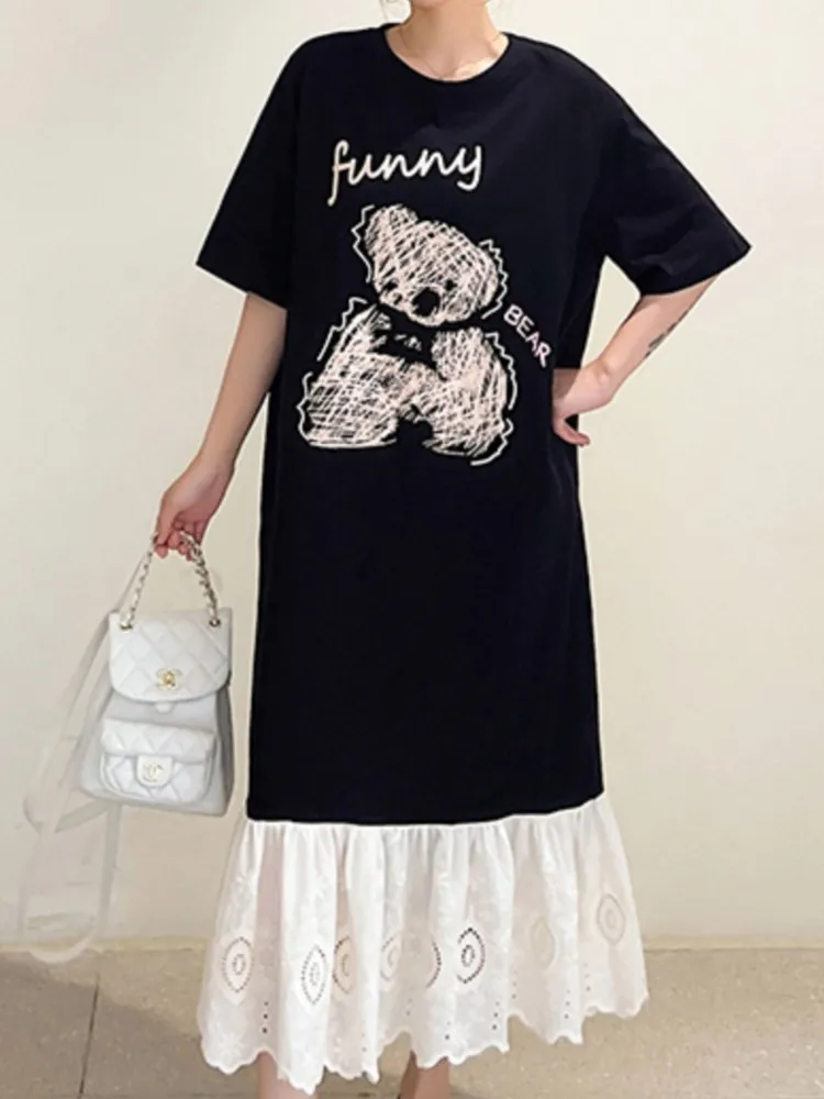 Primavera Verano mujer suelta talla grande camiseta vestido Casual Jacquard Patchwork señoras Vestidos