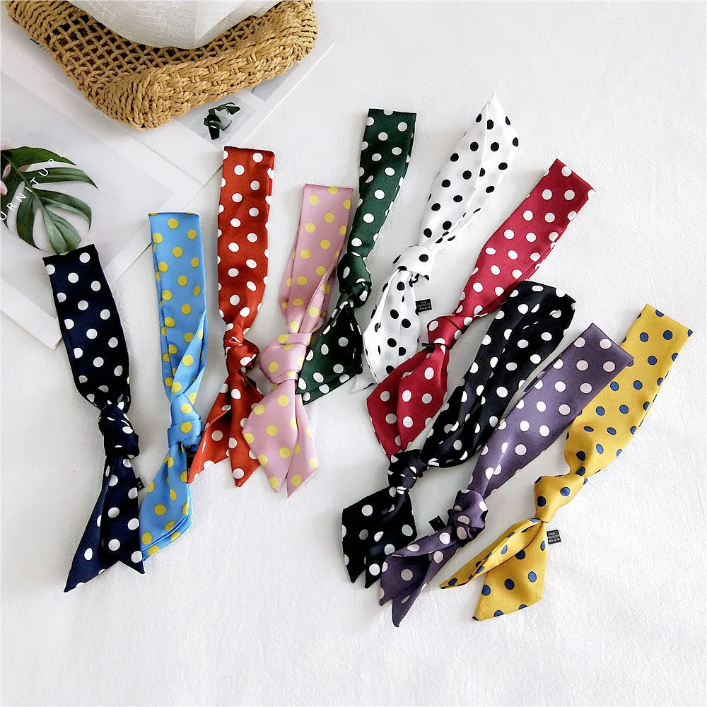 Long Silk Scarf Polka Dot Design Premium Women Korean Style Neck Wrap Bag Tie Wrist Decoration Lightweight Soft Silk Scarf