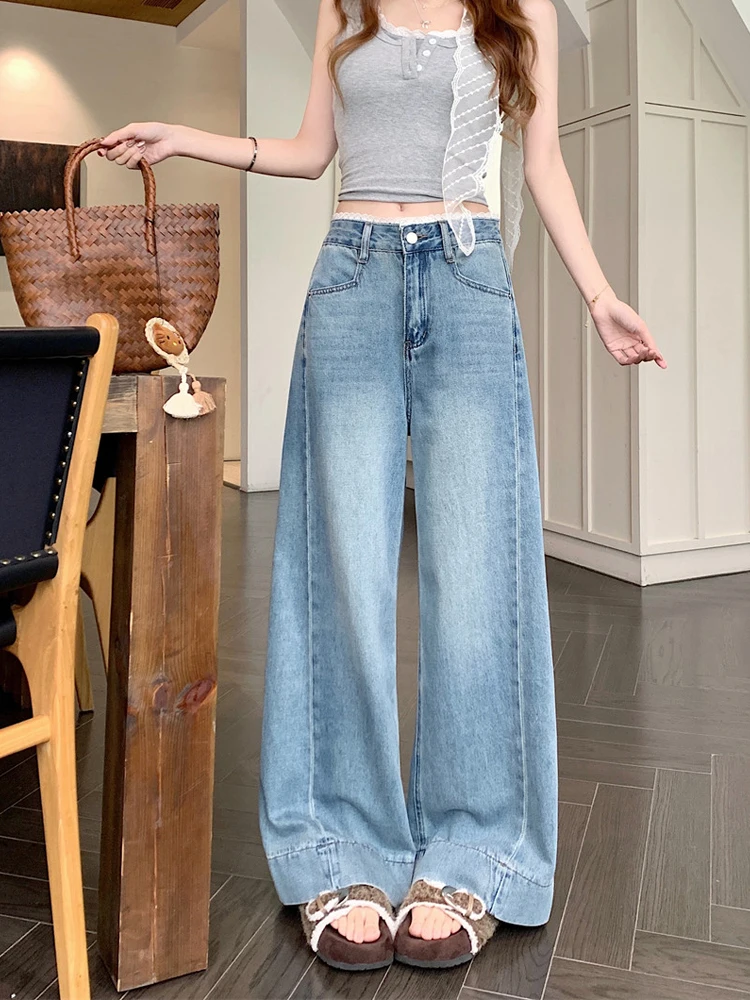 

Spring 2026 High Waist Draped Lace Trimmed Straight Leg Jeans Women's Faionable Korean Sle Casual Blue Denim Trousers