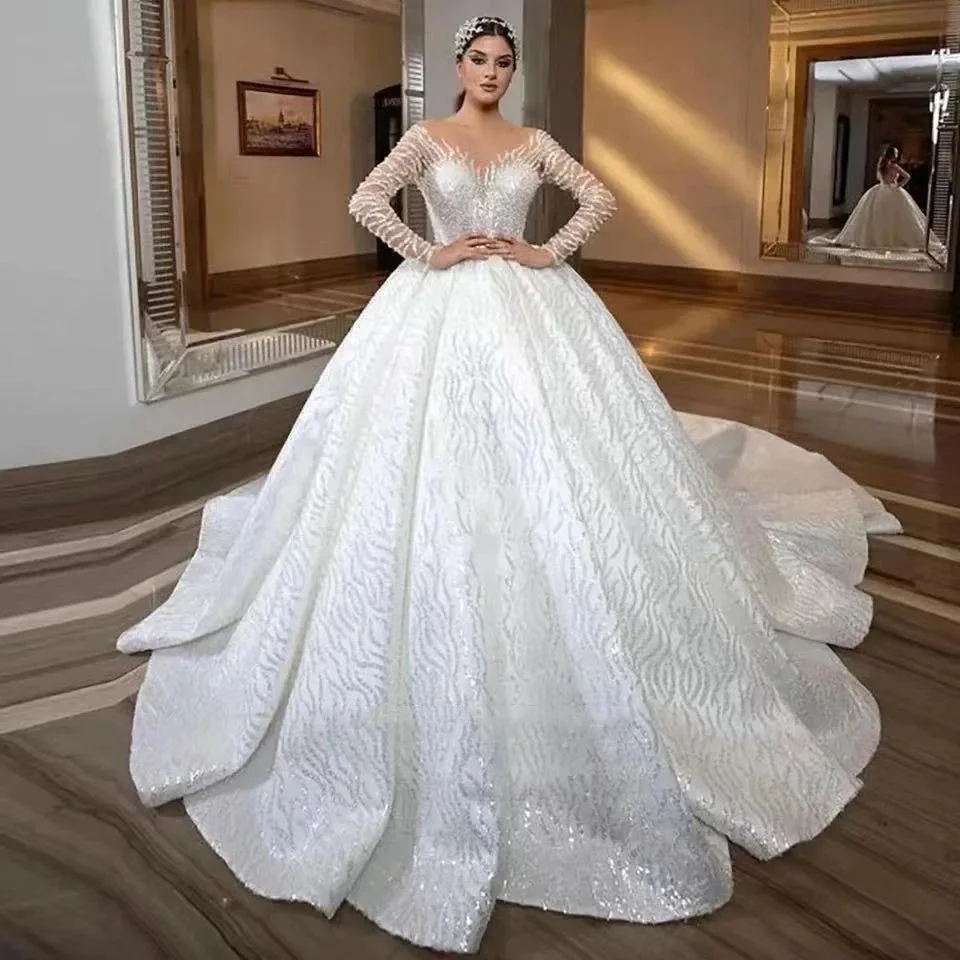 Customized  Ball Gown   Weddding Dresse Long Sleeve Bridal Gowns Sequin Tulle Lace Beaded Crystal Design Vestido De Noiva