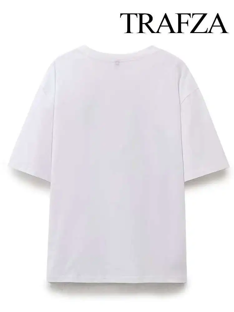 

2025 женская летняя белая футболка с круглым вырезом и короткими рукавами с контрастным принтом, новые женские повседневные свободные вязаные топы