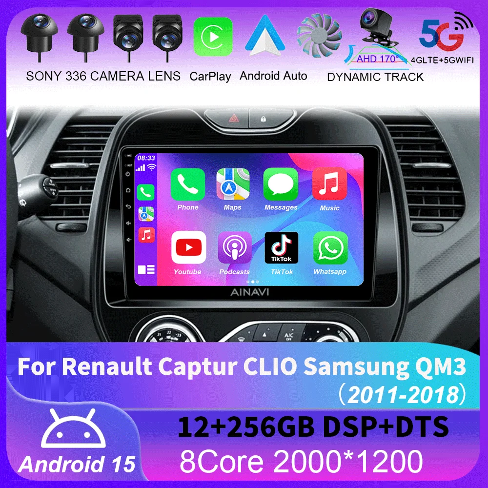 

Автомагнитола на Android 14 для Renault Captur CLIO Samsung QM3 2011-2018, стерео, Carplay, GPS-навигация, мультимедийный видеоплеер