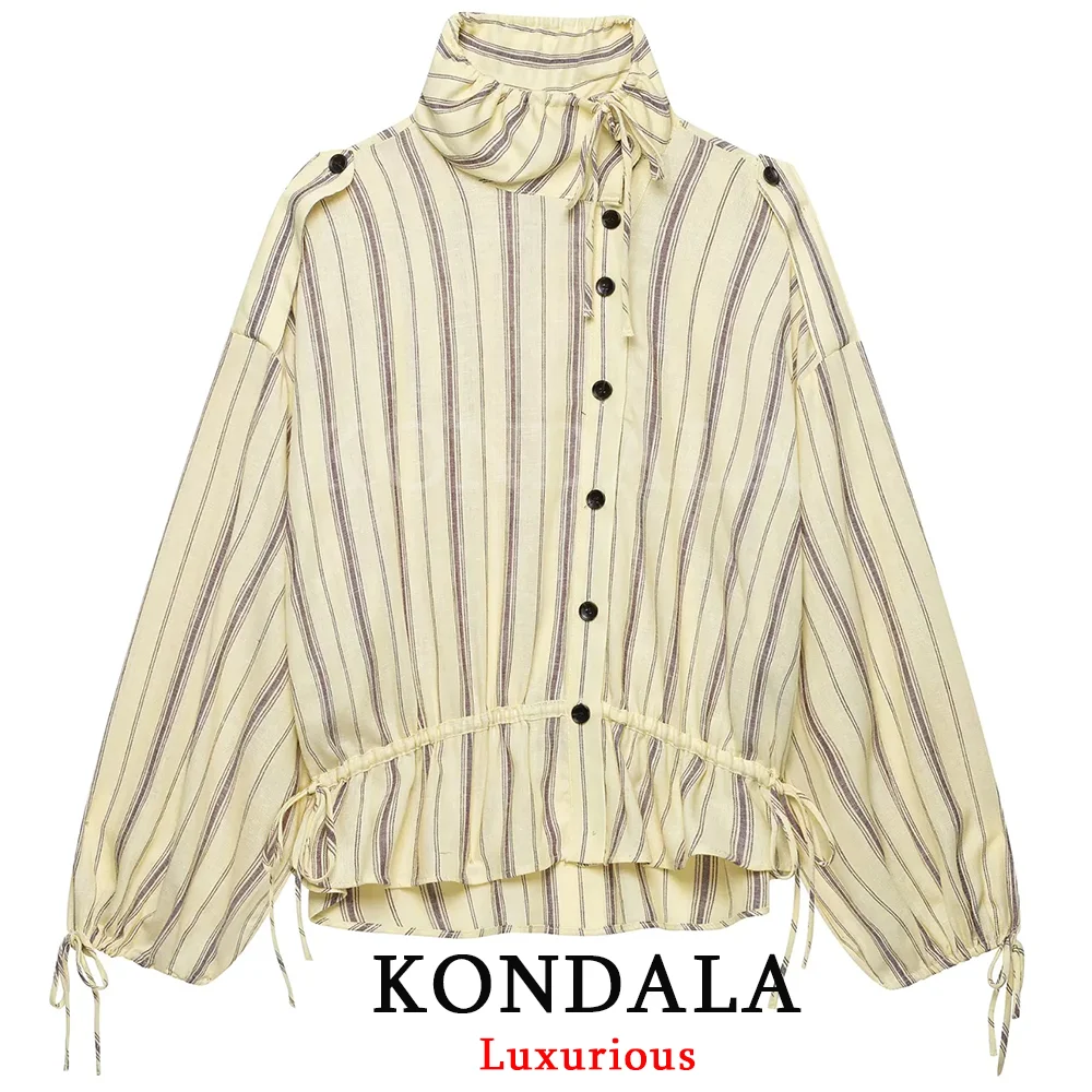 KONDALA Elegant Casual Chic Women Jacket Striped Single Breasted Stand Collar Lace-up Jacket New Fashion 2026 Autumn Jacket